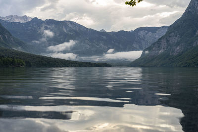 Scenic view of lake and snowcapped mountains against sky