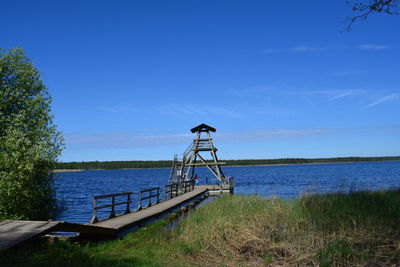 Scenic view of sea against clear blue sky