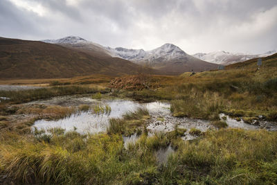 Scenic view of lake and mountains against sky