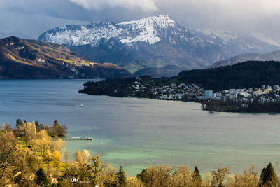 Scenic view of sea and mountains against sky