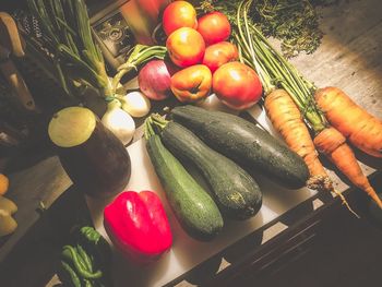 High angle view of vegetables on table