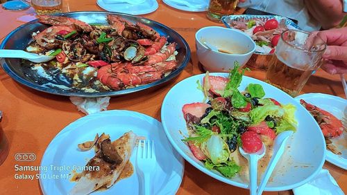 High angle view of meal served on table