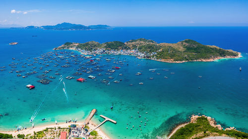 High angle view of sea shore against sky