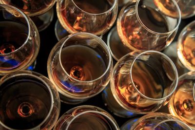 Full frame shot of wine glasses on table