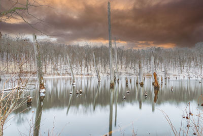 Scenic view of lake against sky during winter