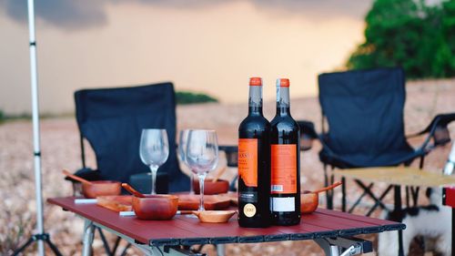Close-up of wine bottles on table