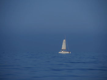 Sailboat sailing on sea against clear sky