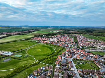 High angle view of townscape against sky