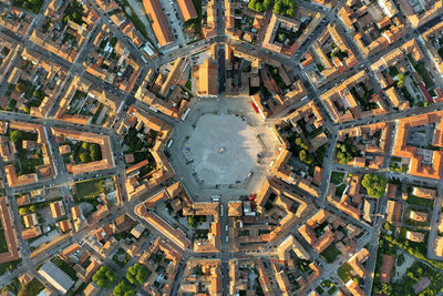 Palmanova aerial view  of hexagonal plan at piazza grande and simmetry  of city at sunset