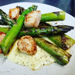 High angle view of asparagus served in plate