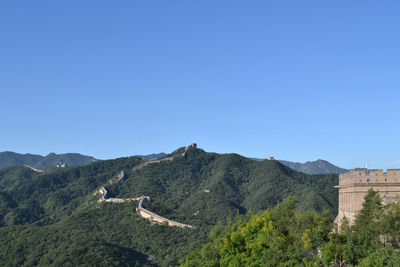 Scenic view of mountains against clear blue sky