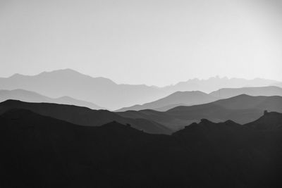 Scenic view of silhouette mountains against clear sky during sunset