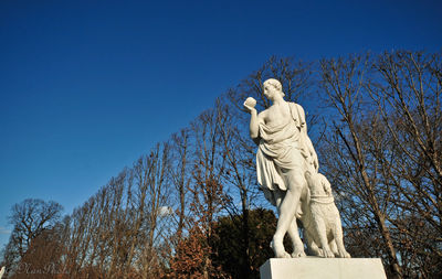 Low angle view of statue against clear blue sky