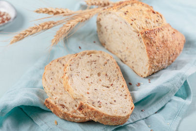 Sliced fresh baked whole grain bread with flax seeds