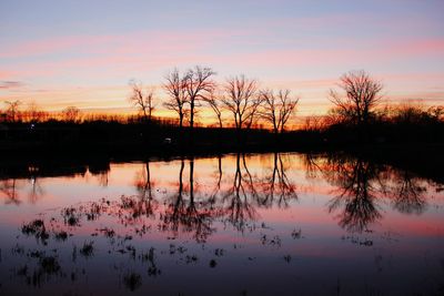 Silhouette trees by lake against sky during sunset