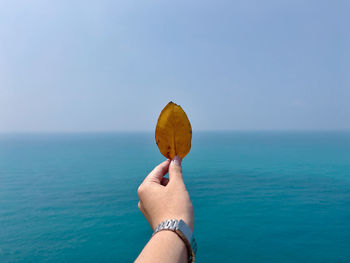 Person holding umbrella by sea against sky