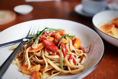 Close-up of pasta served in plate