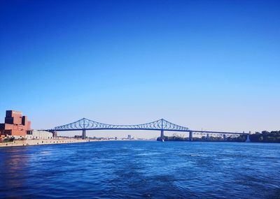 Bridge over river against clear blue sky