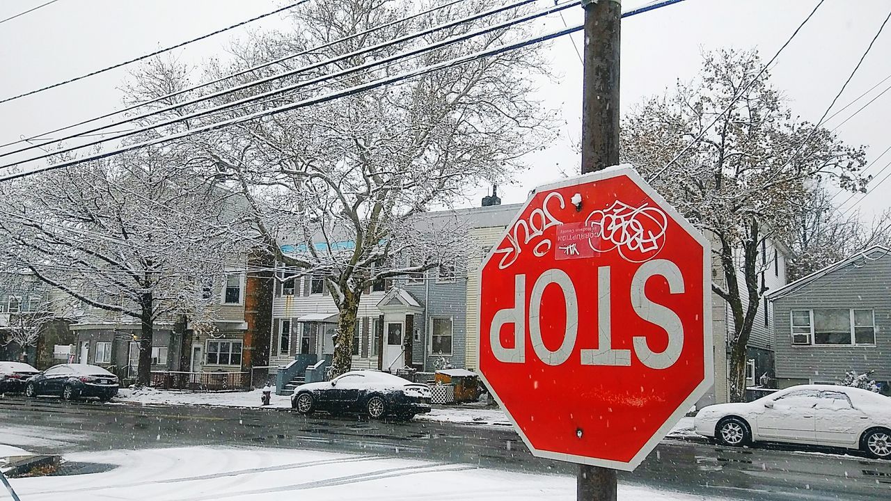 stop sign, transportation, car, weather, land vehicle, text, winter, snow, road sign, warning sign, mode of transport, built structure, street, architecture, red, day, road, building exterior, no people, outdoors, cold temperature, tree, city, sky, nature