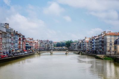 Bridge over river by buildings in city against sky