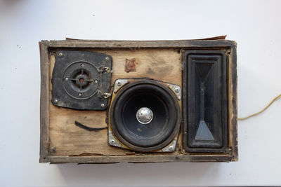 Directly above shot of old speaker on table