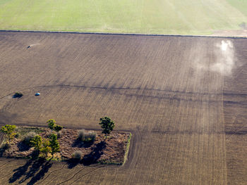 Aerial view of cultivated field for agriculture