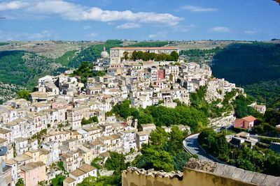 High angle view of townscape against sky