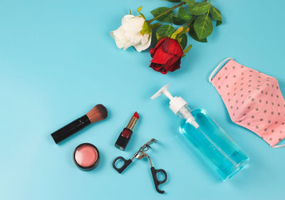 High angle view of flower on table against blue background