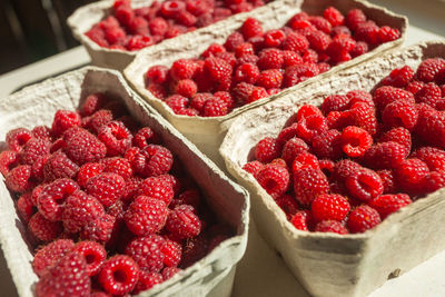 Fresh red raspberries in paper market containers