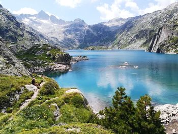 Scenic view of lake and mountains against sky