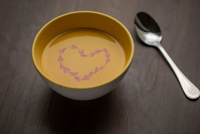 High angle view of soup in bowl on table