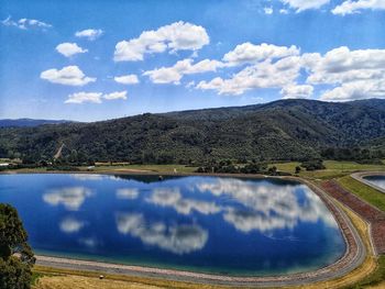 Scenic view of lake and mountains against sky