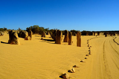 Panoramic view of desert land against clear blue sky