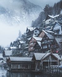 Houses and trees against mountains during snowfall