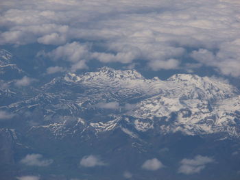 Scenic view of snow covered mountains against sky