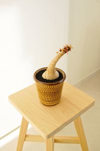 Close-up of bread on table against wall