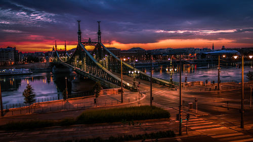 High angle view of liberty bridge over danube river at sunset