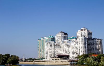 Modern buildings against clear blue sky