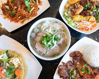 High angle view of food served on table