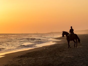 Man riding horse on beach against sunset sky