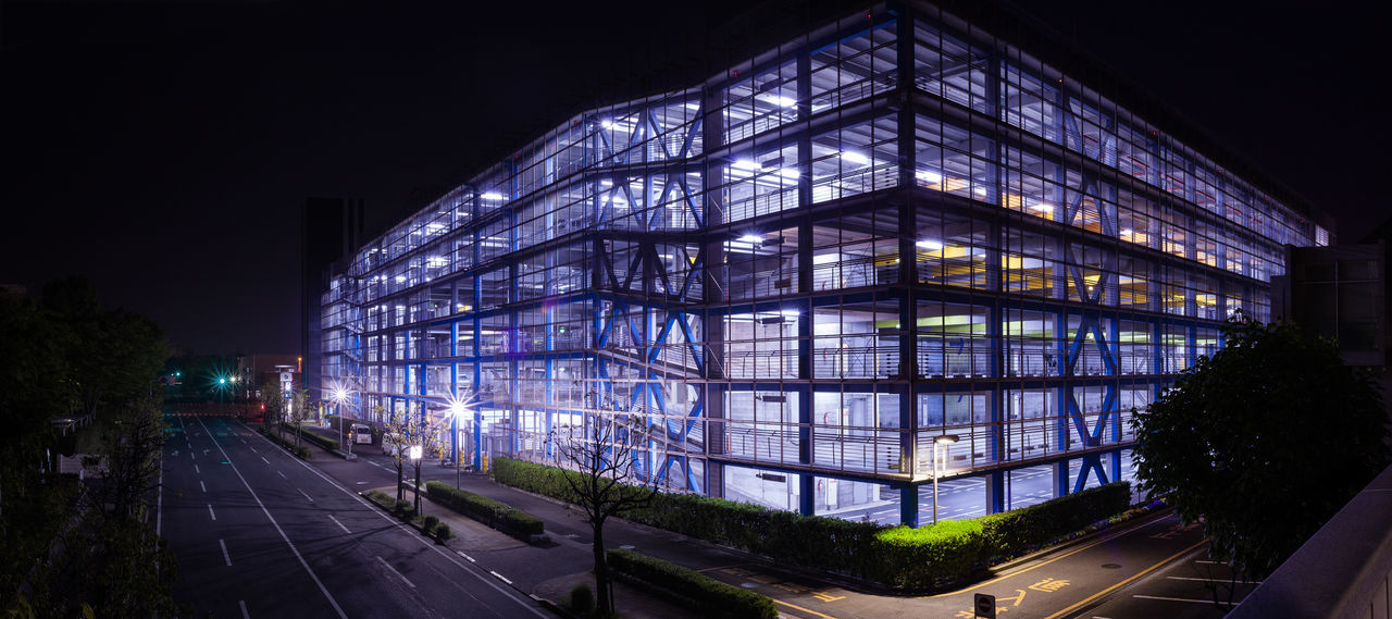 architecture, night, illuminated, built structure, building exterior, city, modern, outdoors, road, no people, tree, sky