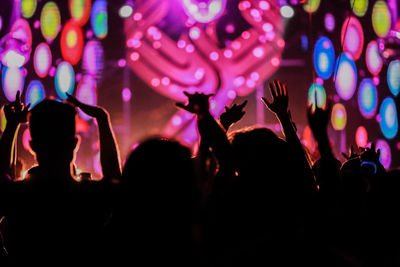 Rear view of silhouette people dancing at music concert