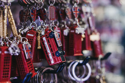 Close-up of key rings hanging at market