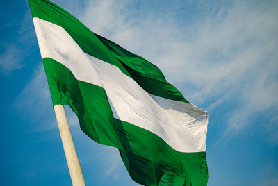 Low angle view of a flag against the sky