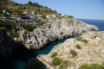 Scenic view of sea and buildings against clear sky