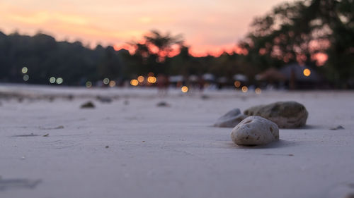 Surface level of stones on beach against sky during sunset