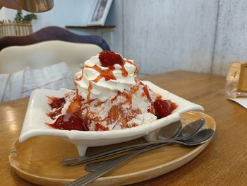 Close-up of dessert in plate on table