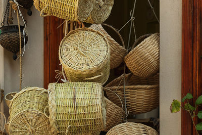 Close-up of baskets hanging