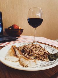 High angle view of food served in plate on table