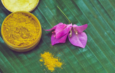 High angle view of yellow flowering plant on wet table